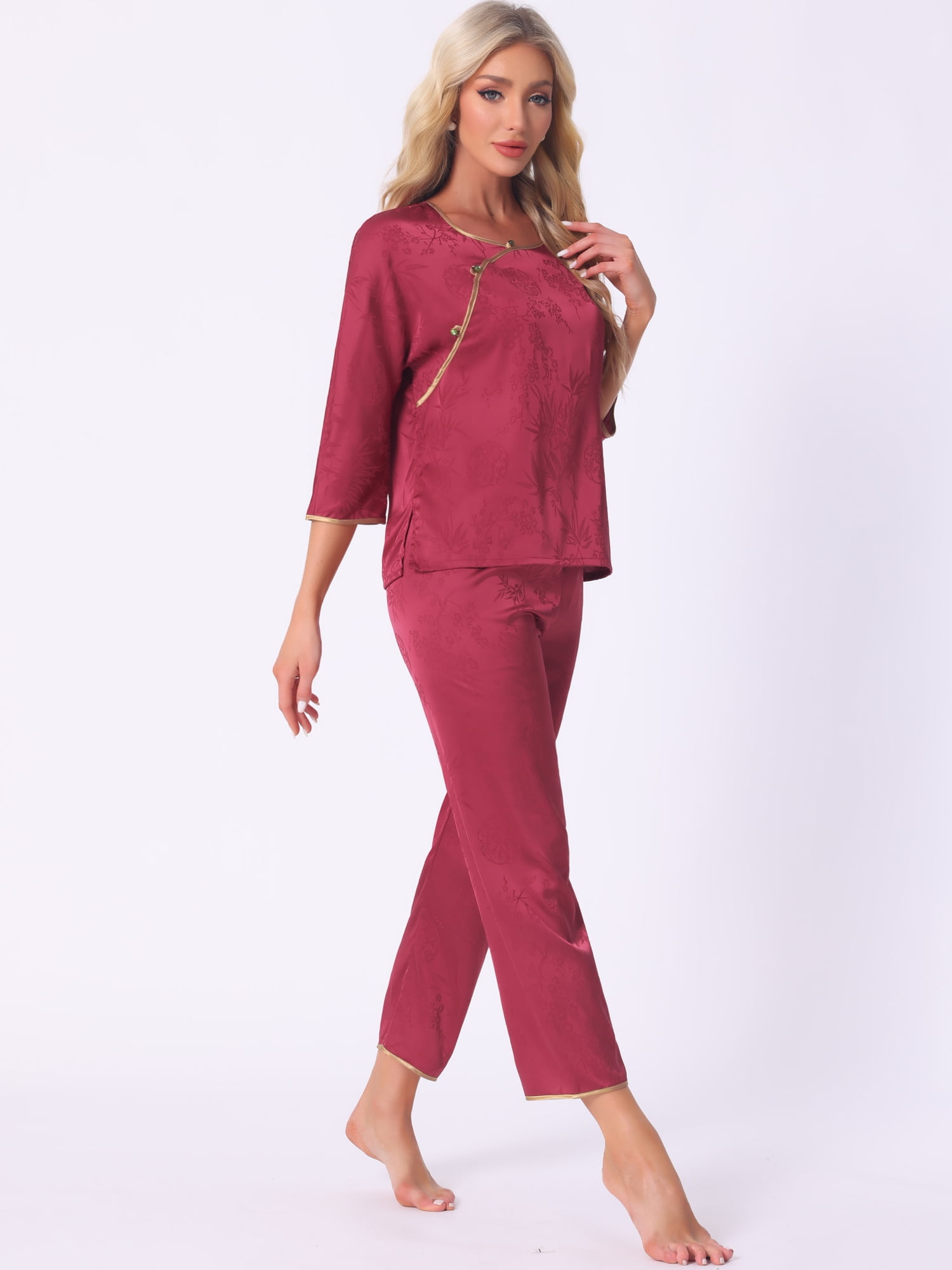 DARING DIVA Women's Floral Silky Long Sleeve Round Neck Pajamas Set L Red