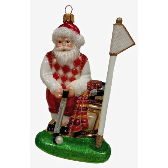 Golfing Santa Putting at Green with Pin Polish Glass Christmas Ornament Golf