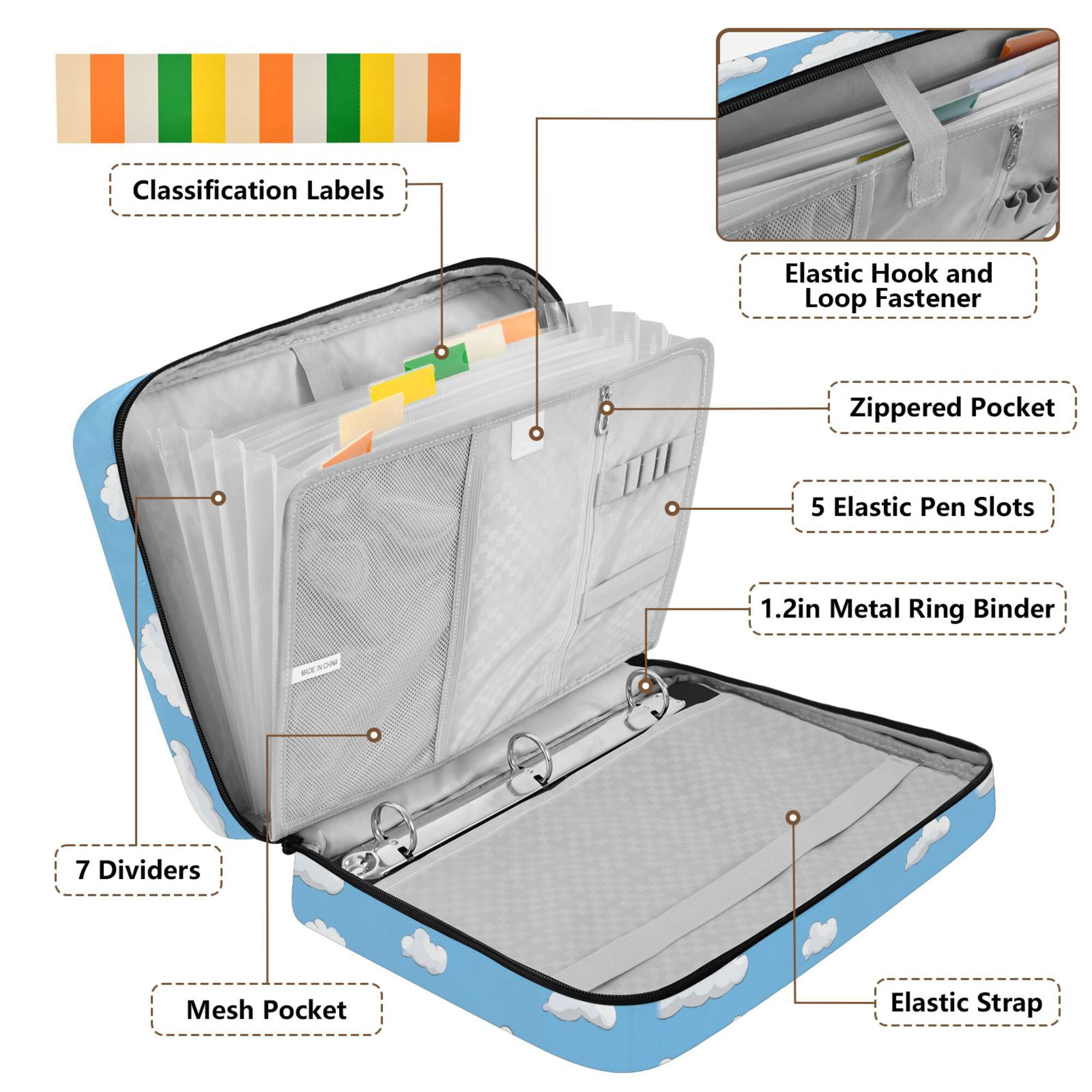 FORMRS Accordion File Folder A4 Size 7-Pocket Expanding Document Organizer Bag with 3 Ring Binder, Cartoon Cloud Pattern