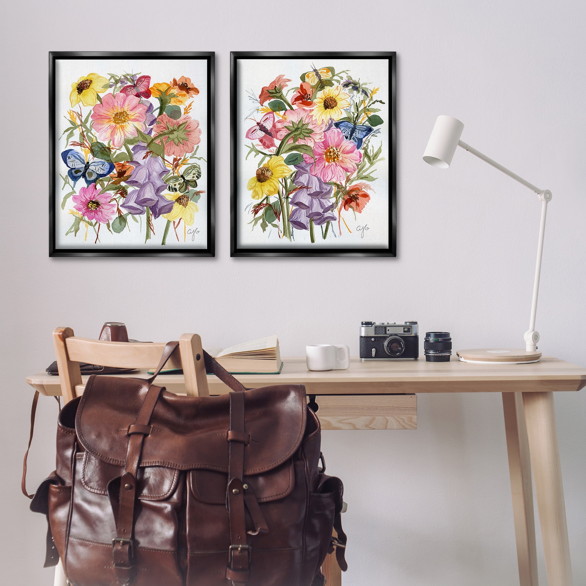 Stupell Industries Traditional Butterflies & Florals Botanical & Floral Painting Black Floater Framed Canvas Art Print Wall Art, 25 x 31, Set of 2