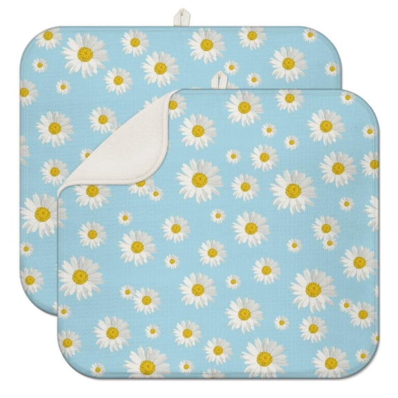 2 Pcs Daisy Floral Dish Drying Mat - 16 X 18 Inch Absorbent Microfiber Kitchen Counter Mat – Quick-Dry Dish Rack Alternative, Dish Drying Pad for Dishes, Cups, Utensils, Pots & Pans
