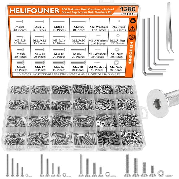 HELIFOUNER 1280 Pieces M2 M2.5 M3 M4 304 Stainless Steel Countersunk Head Socket Cap Metric Screws Bolts Washers Nuts Hardware Assortment Kit with Hex Wrenches