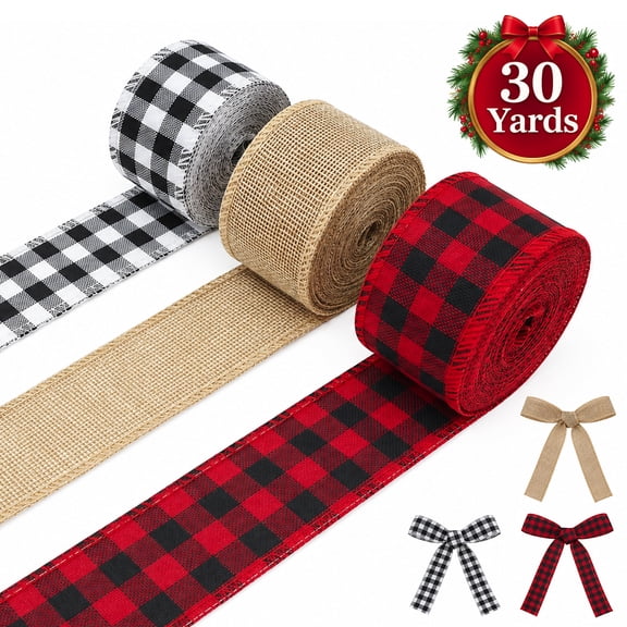 Burlap Ribbon for Gift Wrapping Christmas Tree Ribbons Buffalo Plaid Black White Red Craft Wired Edge Ribbon for Gift Wrapping Christmas Crafts Decoration 30 Yards 3 Rolls