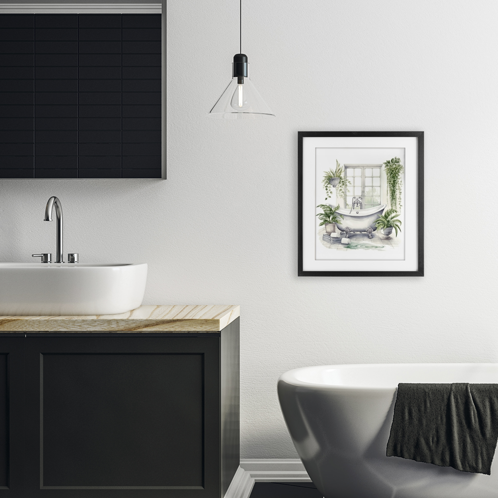 Lush Greenery Bathtub & Window Black Framed Print Under Glass, design by Lettered and Lined