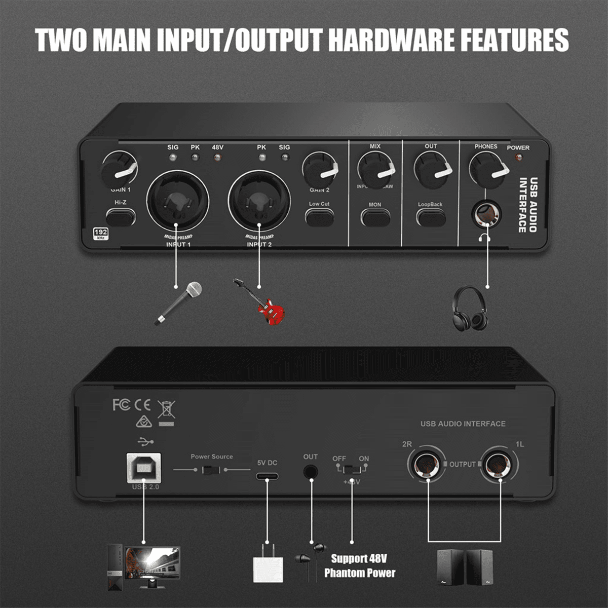 USB Audio Interface, 2 in 2 Out Audio Interface with 48V Phantom Power for Recording,for Guitarist, Vocalist, Podcaster