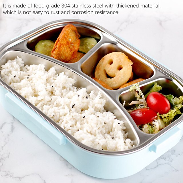 lonchera bento box nikoumx acero inoxidable multicompartimento vista 3/4 frontal con bandeja interior de acero inoxidable 304 y base exterior de plástico PP azul claro; cuatro compartimientos: uno grande con arroz blanco y tres pequeños con pollo, croqueta sonriente y ensalada con jitomate cherry; cierre lateral visible; ideal para llevar comidas escolares o de oficina.