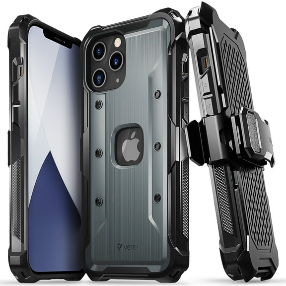 Vena iPhone 12 Pro Max (6.7") Case, [vArmor] Rugged Military Grade Heavy Duty Case with Belt Clip Swivel Holster and Kickstand - Space Gray / Black
