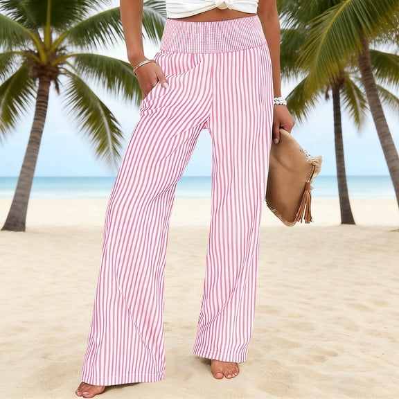 Dxzfnsa Cotton Linen Pants for Women Fashion Womens Casual Striped Straight Leg Pants Loose Elastic High Waist Wide Leg Pants with Pockets