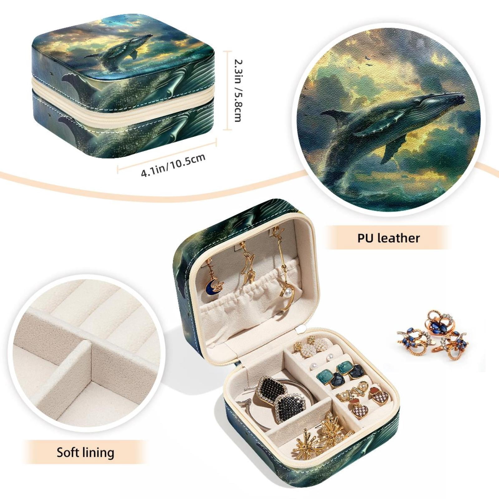 PhooArto Small Jewellery Box, Ocean Sea Whale Portable Travel Mini Jewelry Case for Women Leather Ring Organizer