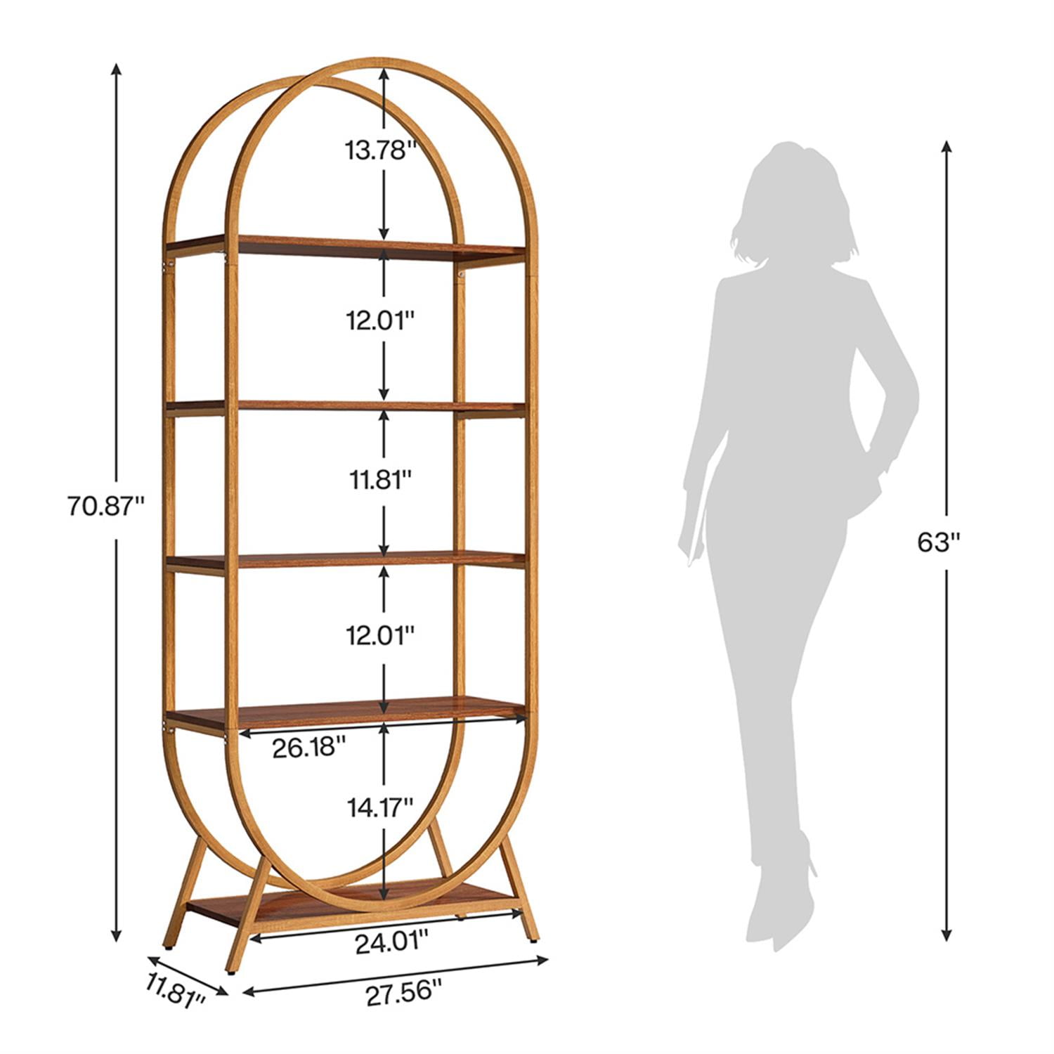 Demi Bonn 5 Tier Open Bookshelf, Wood and Metal Bookcase Storage Organizer, 71" Tall Arched Display Standing Shelf Unit for Bedroom, Living Room, Brown