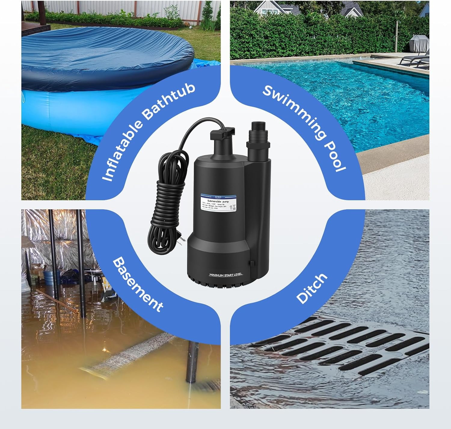 JUWO Submersible Water Pump 1/4 HP, 1800GPH Portable Utility Pump with 10ft Cord, Thermoplastic Electric Small Sump Pump for Draining Swimming Pools, Garden Ponds