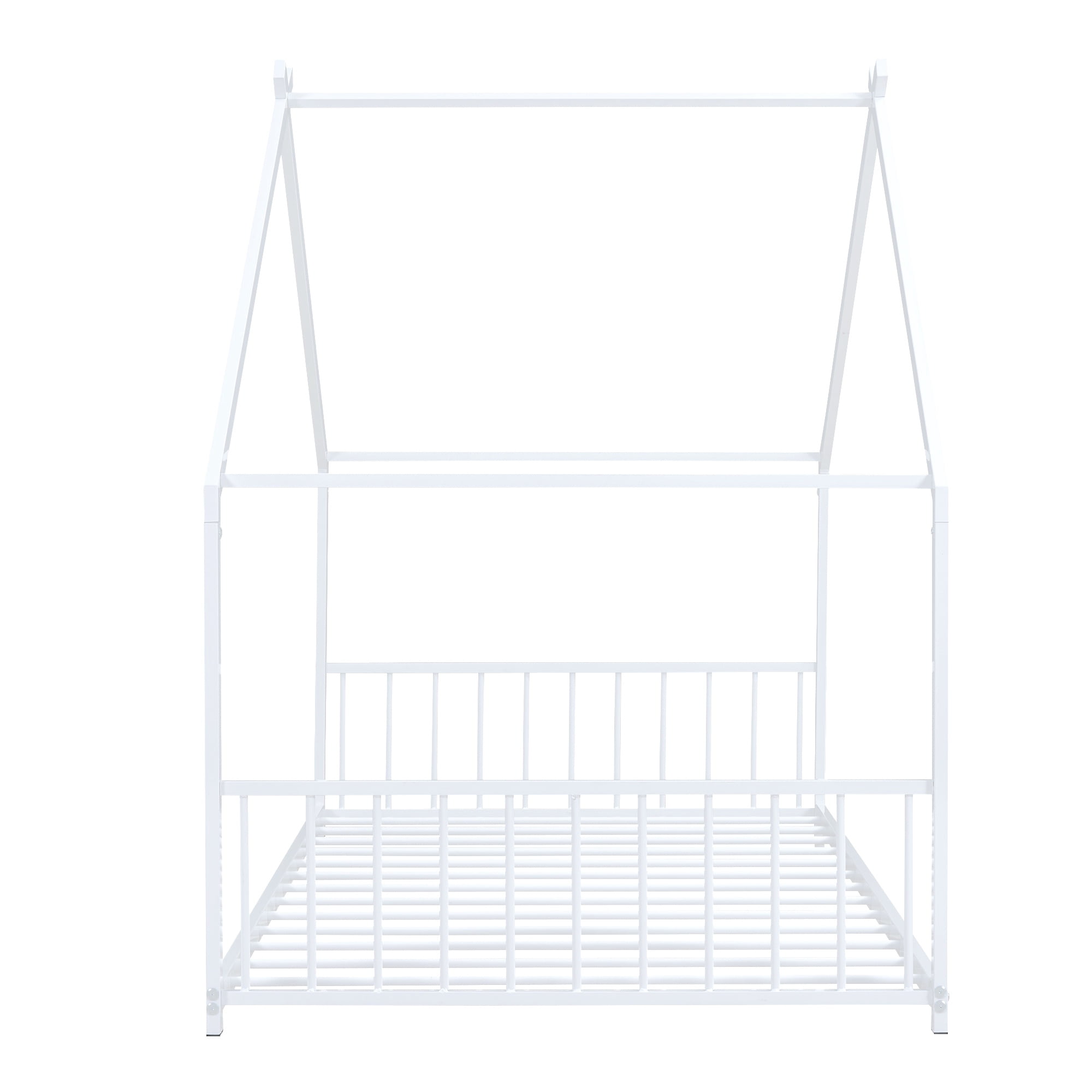 PORKISS Twin Size Floor Bed Frame, Metal House Bed Featuring Roof, Modern Platform Bed with Metal Frame, No Box Spring Needed, Freestanding Montessori Bed for Kids, White