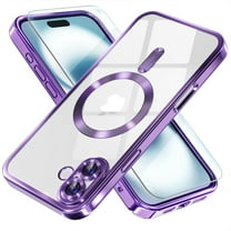 Dteck Magnetic Case with Tempered Screen Protector for iPhone 16,Shockproof TPU Transparent Case Compatible with MagSafe Full Camera Lens Protector Plating Back Cover,Purple