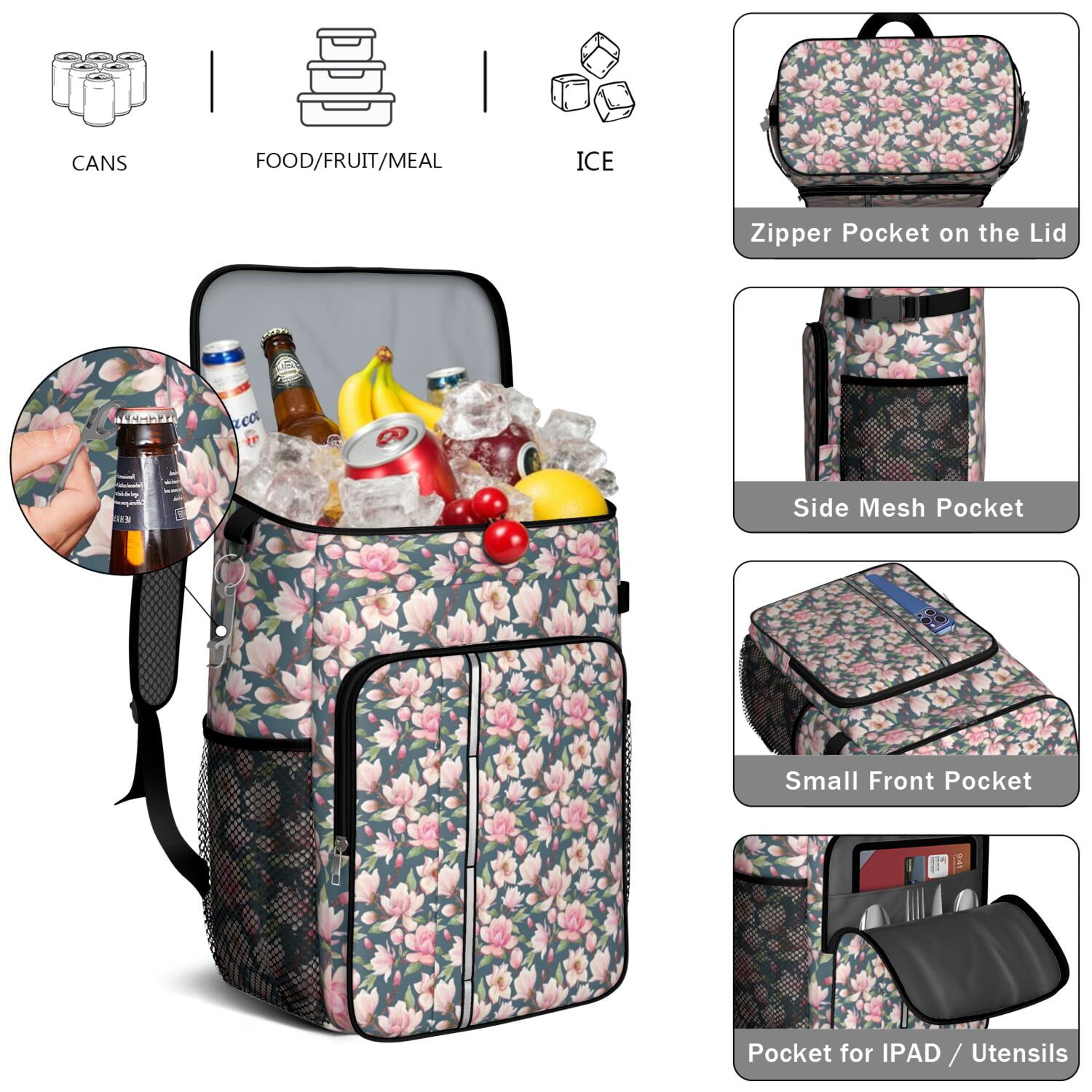 Travel Cooler Bag - Pioneer Flower Floral Print Pattern Camping Beer Cooler Backpack with Bottle Opener- Waterproof Insulated Picnic Backpacks - Cooler Bag for Beach