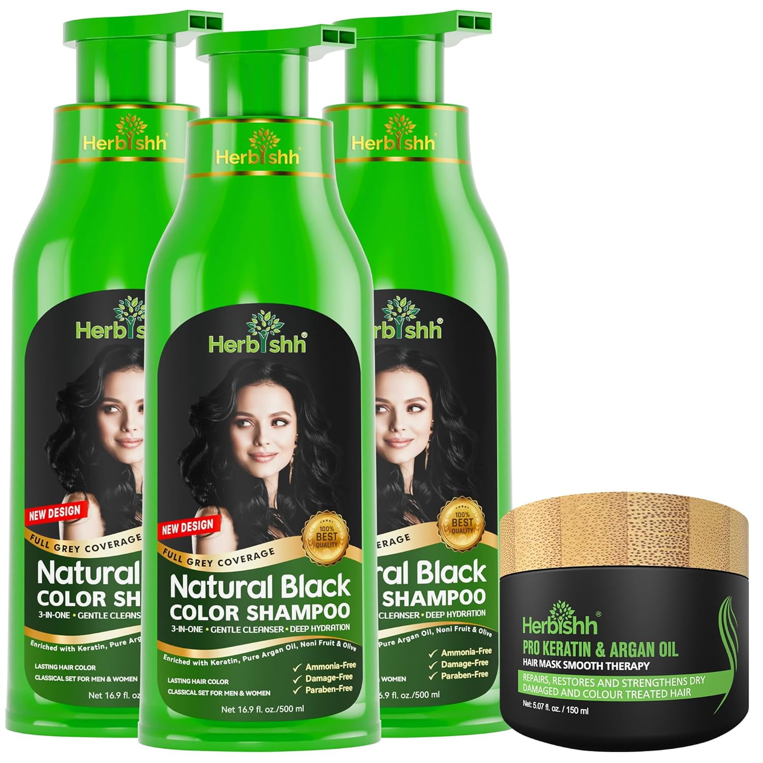 (6 pack) Herbishh Black Hair Color Shampoo,Ammonia-Free, Permanent 3-in-1 Gray Coverage for Men & Women Kit (3pcs Color Shampoo +1 Argan Hair Mask)