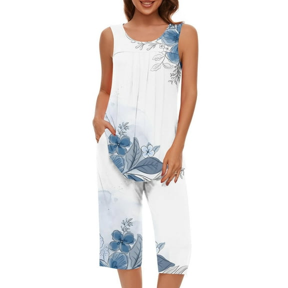 BLTIBY 2 Pack Women's Floral Pajama Set Loose Printed Loungewear Pjs Sets Sleeveless Tops & Knee Length Shorts Light Blue L