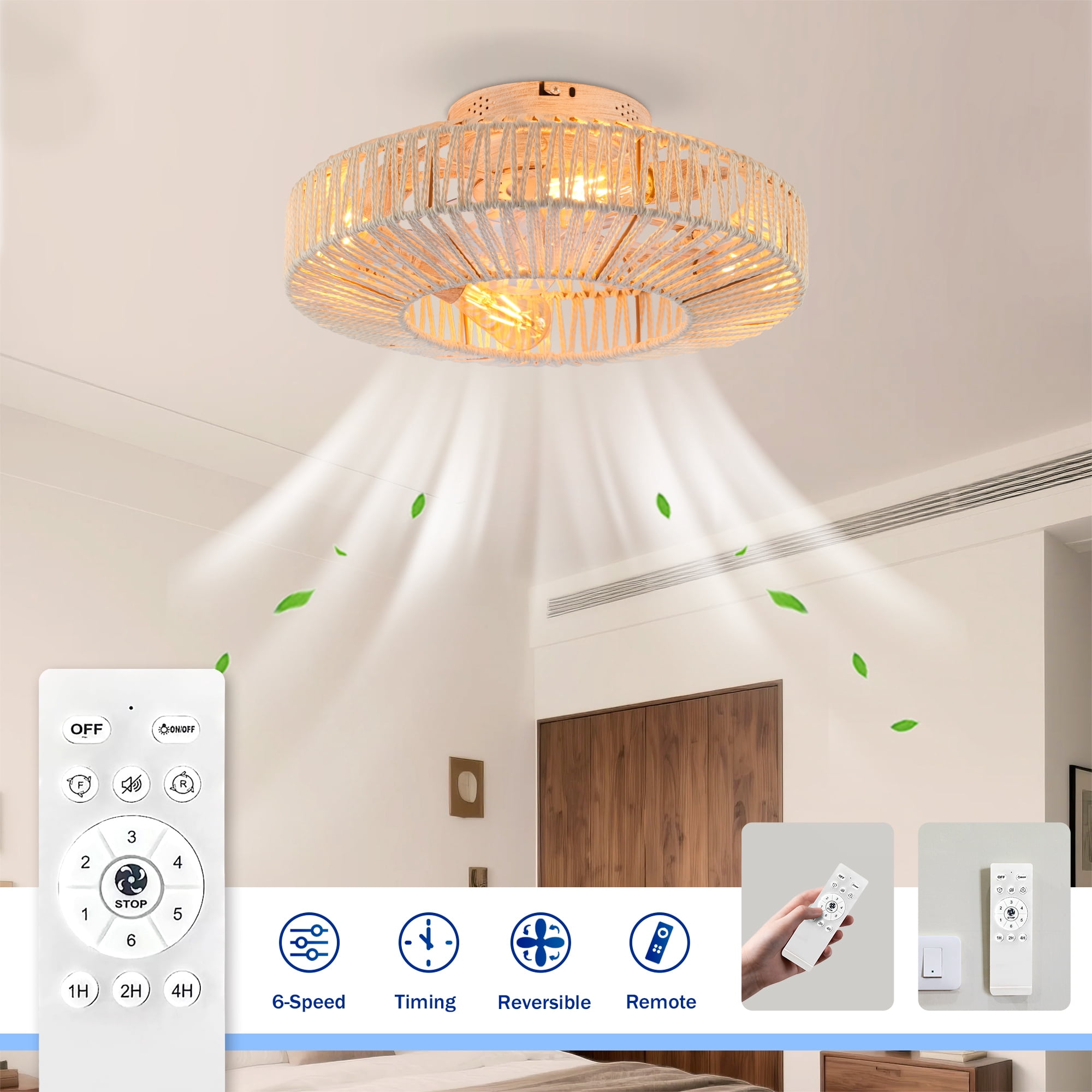 Leumius 20" Rope Caged Ceiling Fans with Light and Remote, Low Profile Chandelier 6 Speed DC Motor Reversible Ceiling Fan for Living Room Bedroom Matte White (NOT Included Bulbs)