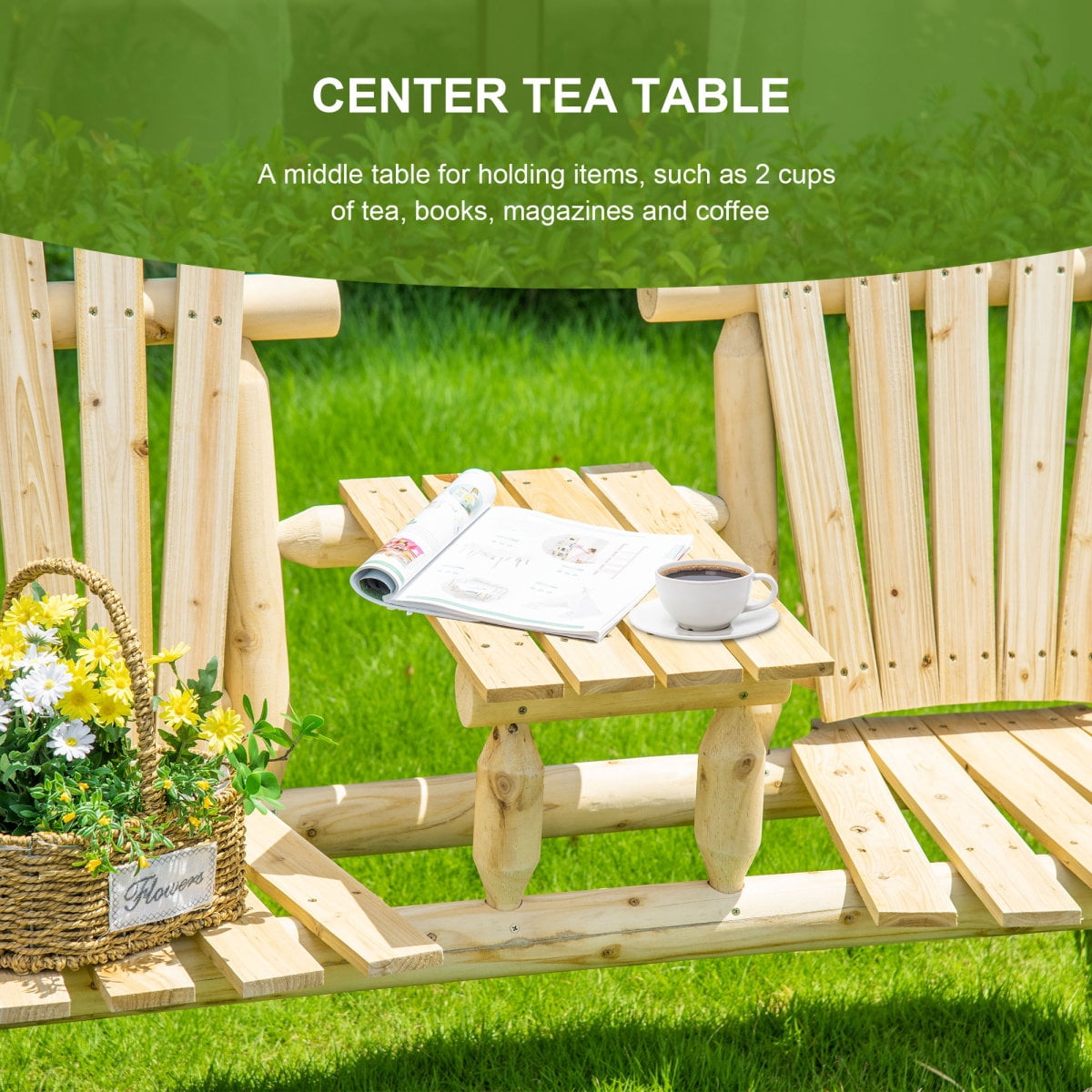 Newboti Furniture 2-Seat Wooden Adirondack Chair, Patio Bench with Table, Outdoor Loveseat Fire Pit Chair for Porch, Backyard, Deck, Natural BN.6877