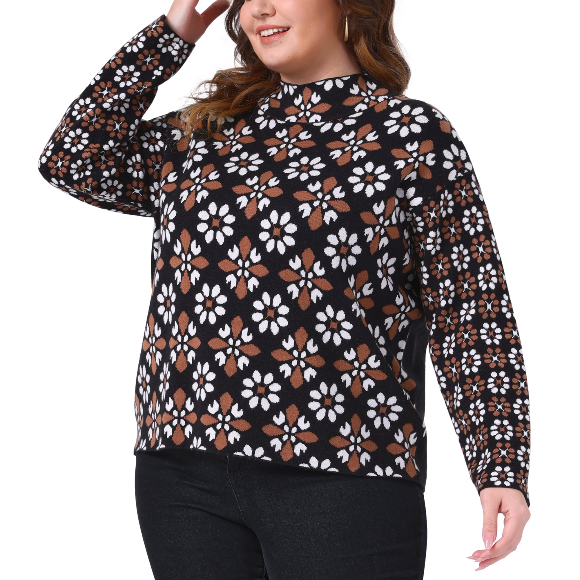 DARING DIVA Women's Plus Floral Long Sleeve Cozy Knit Mock Neck Sweater 1X Black