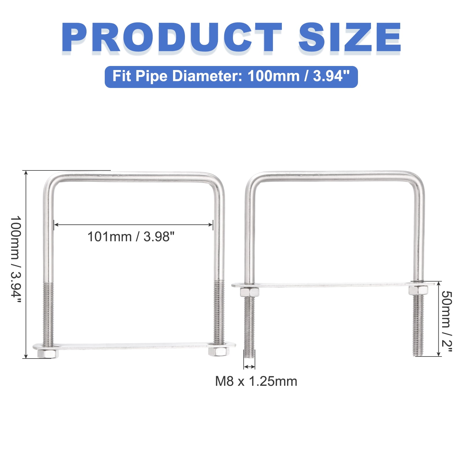 Uxcell 2 Sets M8 Square U-Bolts, 3.98" Inner Width 3.94" Length 304 Stainless Steel U Clamp Bolts with Nuts, Plates and Wrench