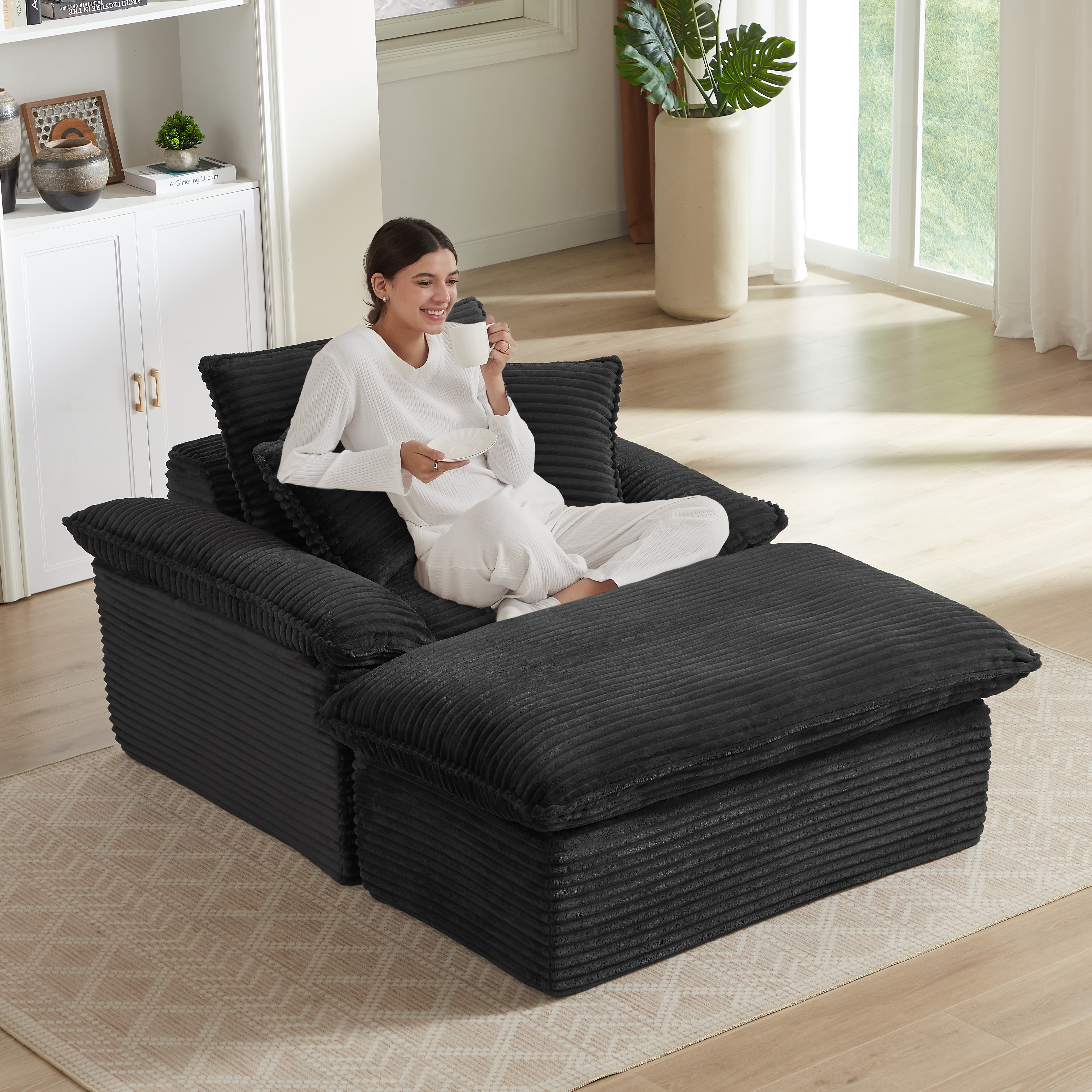 MAYEERTY Black Corduroy Modular Sofa, Oversized Single Chaise Lounge with Activity Footrest for Apartment,52×71×37"