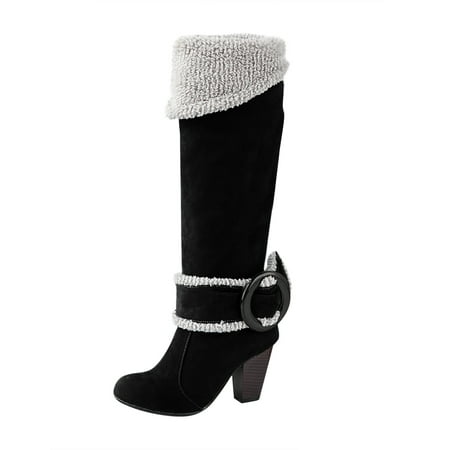

Valentine s Day Deals!2022 Juebong Women s Comfortable Flap Warm Velvet Belt Buckle Round Head Thick With High Heeled Knee Boots