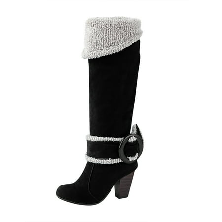

Fesfesfes Fuzzy Boots for Women Comfortable Flap Warm Velvet Belt Buckle Round Thick With High Heeled Knee US:7.5(40)