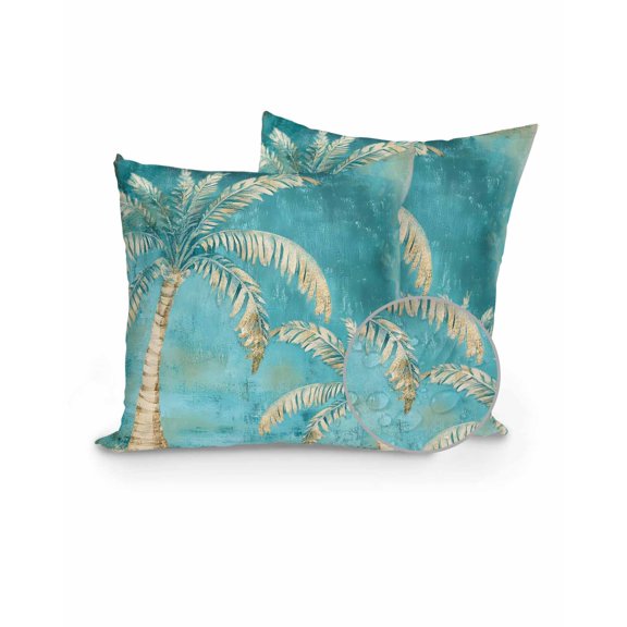 Outdoor Pillows Waterproof, Coastal Beach Palm Tree Throw Pillows with Inserts Included, Retro Teal Tropical Plant Summer Indoor Outdoor Decorative Lumbar Pillow for Bed/Couch/Patio 18"x18", 2Pcs
