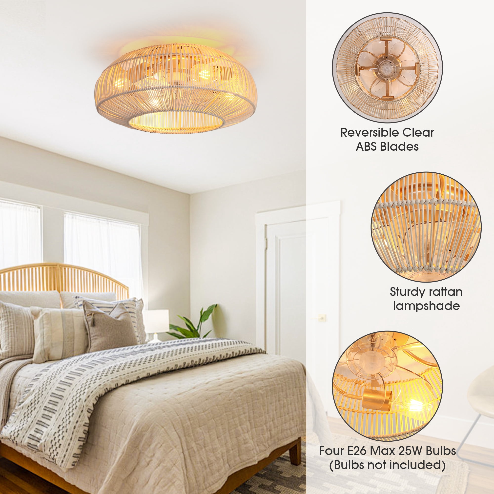 Parrot Uncle Low Profile Ceiling Fans with Lights, 20 Inch Rattan Flush Mount Ceiling Fan with Remote Control
