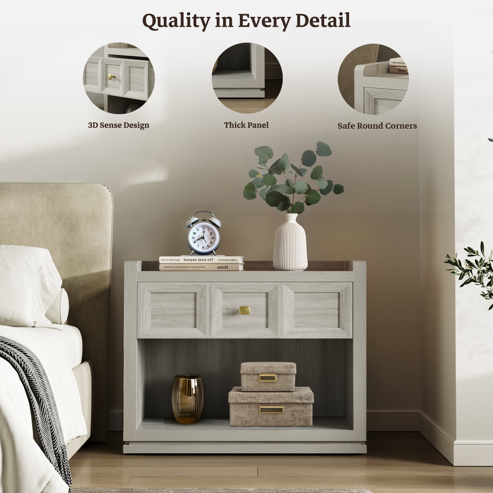 SICOTAS 31" W Farmhouse Nightstands Set of 2, Big nightstands with Drawer & Open Shelves, Large Bedside Table, End table for Bedroom, Living Room, White Oak