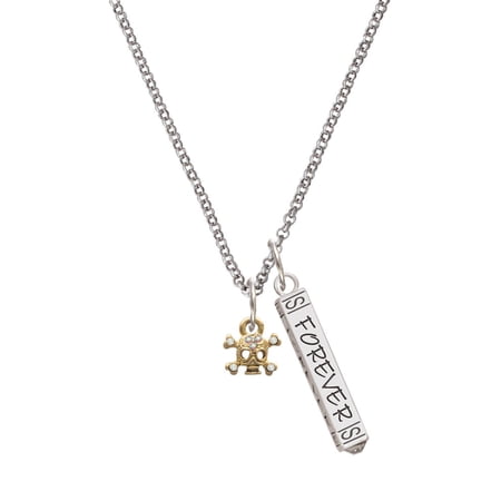 Delight Jewelry Goldtone Mini Skull & Bones with Crystals Silvertone Forever Bar Charm Necklace, 23"