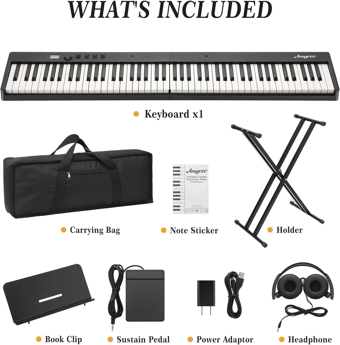 Folding 88-Key Piano Keyboard, Portable Full-Size Digital Piano with Stand, Sustain Pedal, Headphones, Carry Bag, Bluetooth & USB MIDI, Ideal for Beginners and Adults