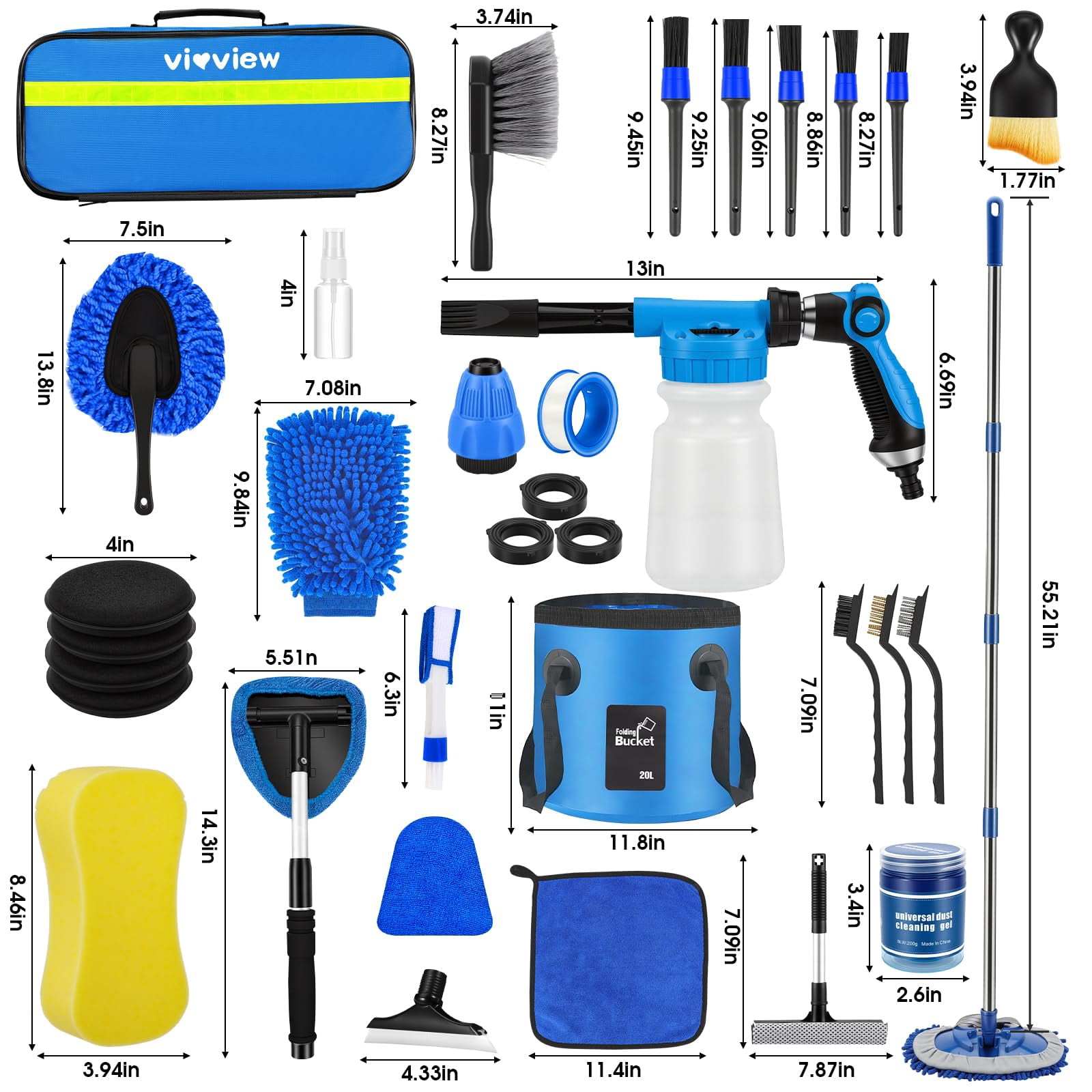 Multifunctional Blue Car Detailing Cleaning Kit, Car Wash Set with Foam Sprayer, Long Handle Wash Brush and Foldable Bucket, Ideal Car Washing Gift for All Car Owners