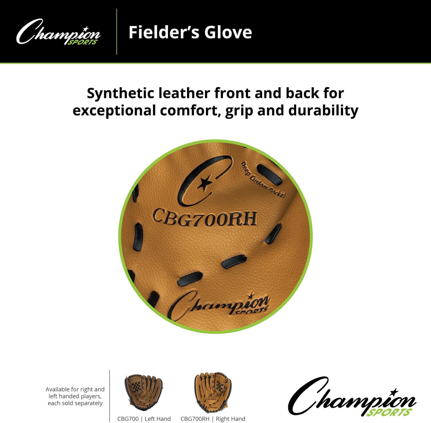 Champion Sports 13" Physical Ed. Glove - Soft Leather Front and Nylon Mesh Back for Comfort Grip | Adjustable Strap with Velcro® Closure | Closed Basket Web | Age: H.S.-Adult | Left-Handed Glove