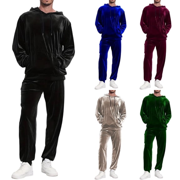 yuCgh Men's Velvet Hooded Sweatshirt and Tapered Leg Pants Set, Two-Piece Luxe Loungewear for Men in Soft and Warm Fabric,Black L