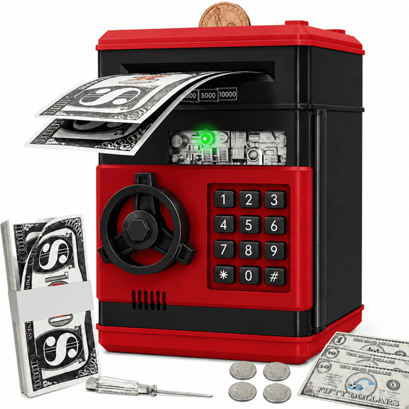 RNKR Kids Electronic Piggy Bank, Password Protected ATM with Auto Cash Roll, Coin Slot, Sound Effects and Secure Safe Box Toy, Black red
