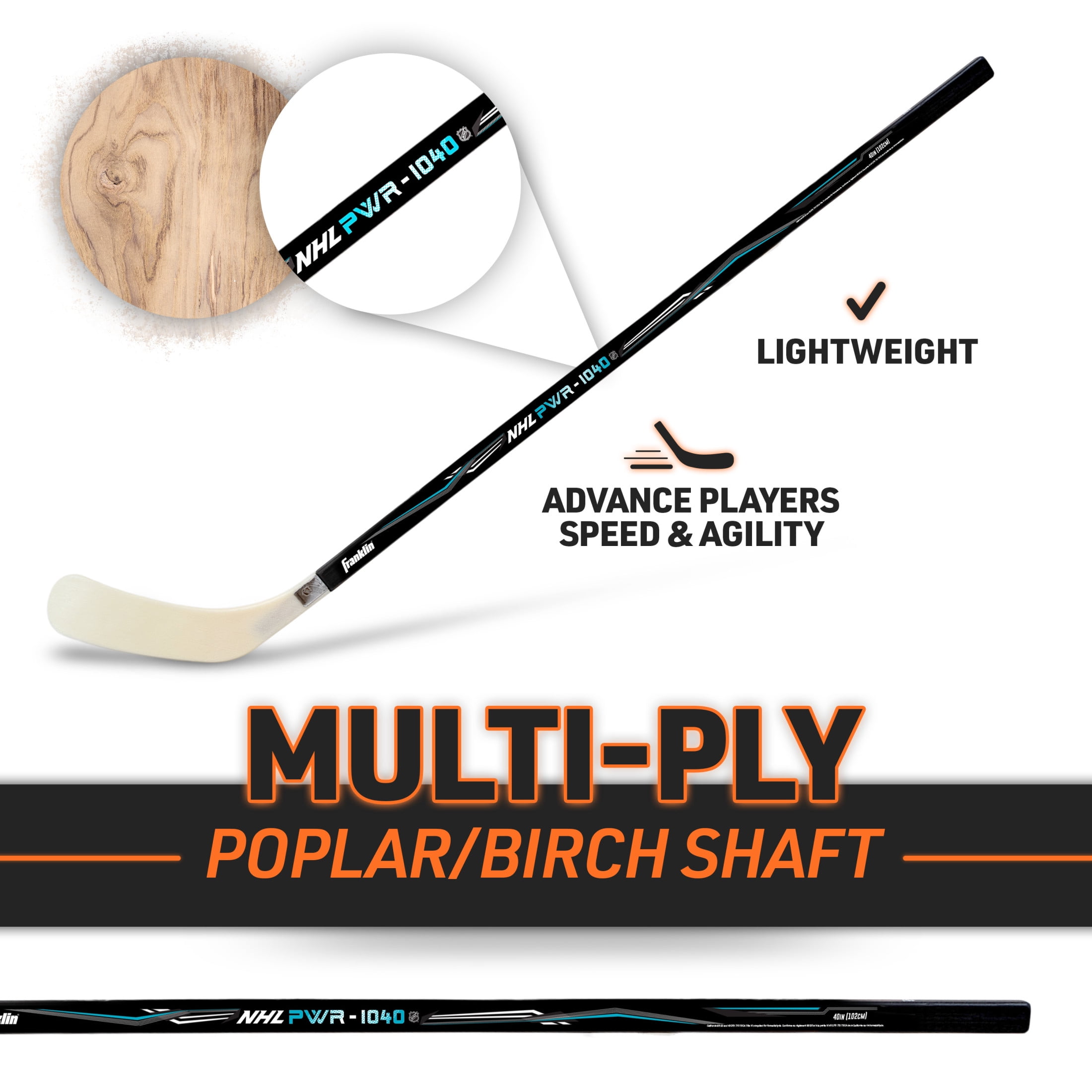 Franklin Sports NHL Youth Street Hockey Stick - Power 1040 Kids Outdoor Street Hockey Sticks - 40" Inch Youth Hockey Stick for Kids - Left Handed Hockey Stick - Wood/Fiberglass Shaft - Lefty