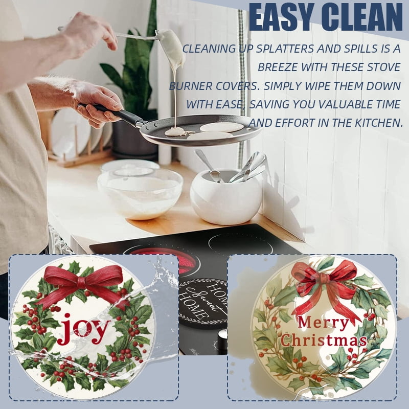 4 Pcs Christmas Gas Stove Burner Cap Set, Merry Christmas Joy with White Border Durable Round Gas Stove Burner Covers Set of 4 for Kitchen Xmas Decor, 8 Inches and 10 Inches
