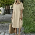 thumbnail image 2 of Women's Cotton Linen Crew Neck Midi Dress Short Sleeve Loose Casual Long Dress with Drawstring Waist Side Pockets Beige XXL(XXL), 2 of 6