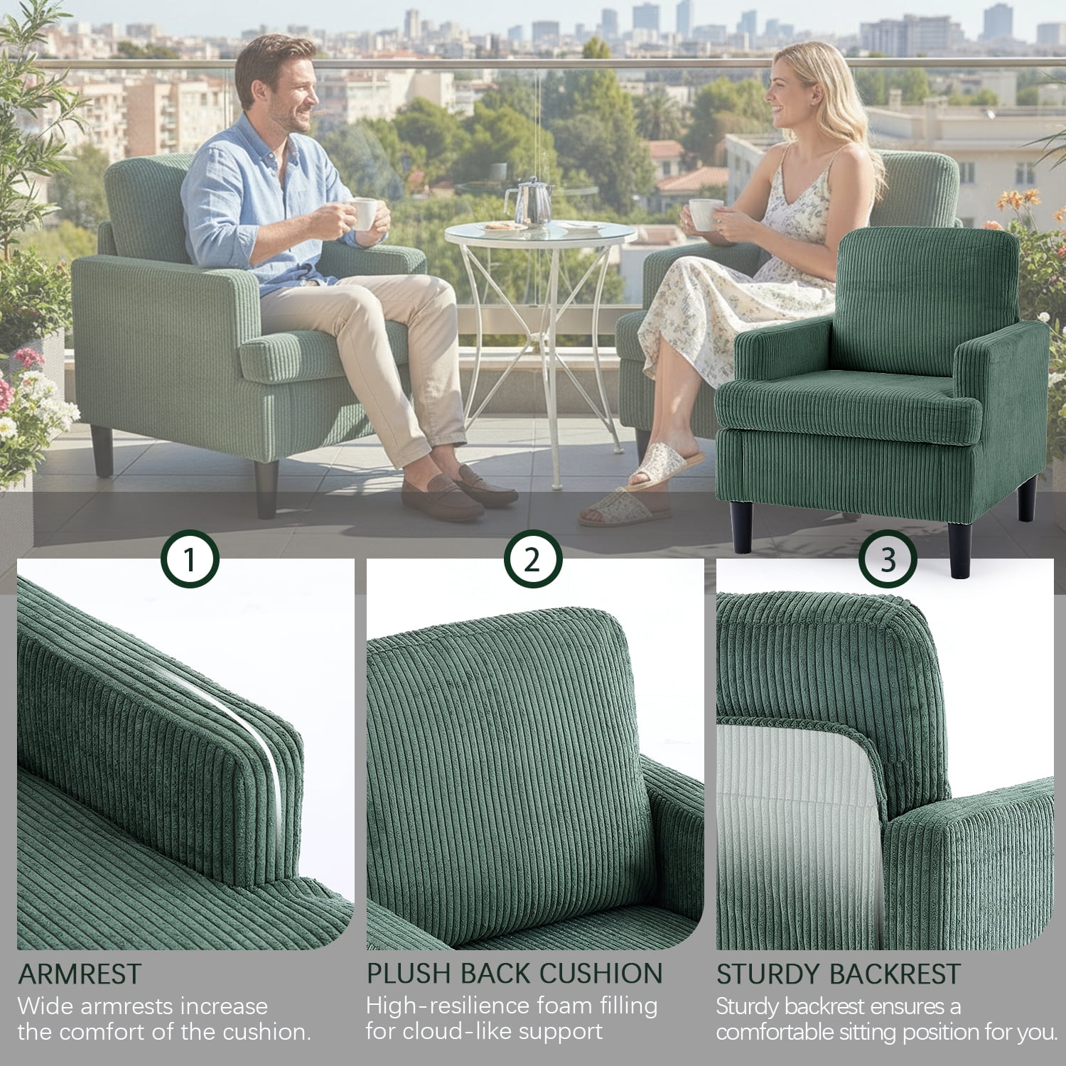 Modern Accent Chair Cozy Living Room Chairs Mid Century Modern Accent Chairs Reading Chair with Armrests for Living Room, Bedroom and Study（Green）