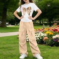 thumbnail image 4 of ITSAME Girls Outfit Set Bow Print T-Shirt and Cargo Pants 2-Piece Summer Fashion Casual Clothes Beige Size 9, 4 of 7