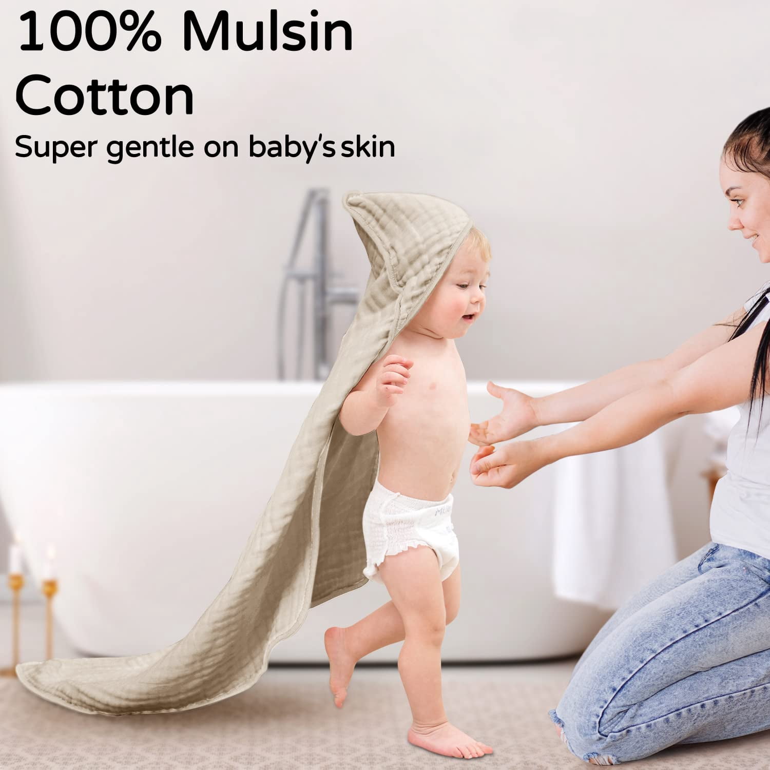 Hooded Baby Towels for Newborn 2 Pack 100% Muslin Organic Cotton Baby Bath Towel with Hood for Babies, Infant, Toddler and Kids, Large 32x32Inch, Soft and Absorbent Newborn Essential