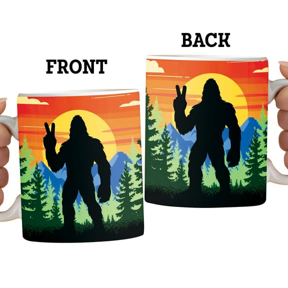 Lotusprinthandmade Bigfoot in Forest White Ceramic Mug (11oz) (Made In US), outdoor theme bigfoot mug, nature inspired bigfoot mug