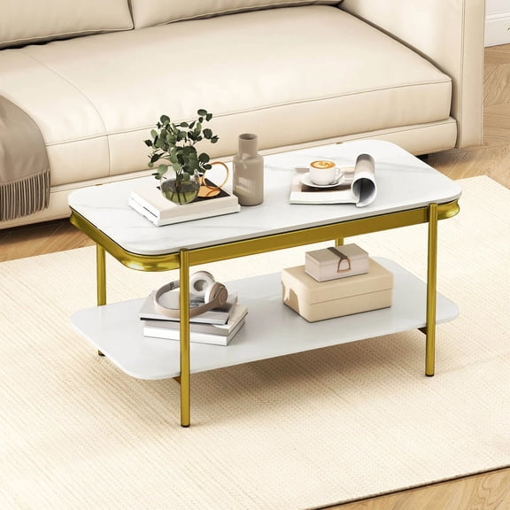 DRAZUNO Rectangular Coffee Table, 2-Tier Center Table w/Lower Shelf for Bedroom, Office