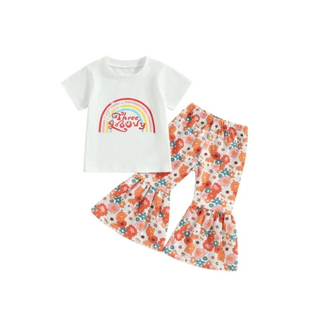 

Bagilaanoe 2pcs Toddler Baby Girl Long Pants Set Letter Rainbow Print Short Sleeve T-Shirts Tops + Flare Trousers 1T 2T 3T 4T 5T 6T Kids Casual Outfits