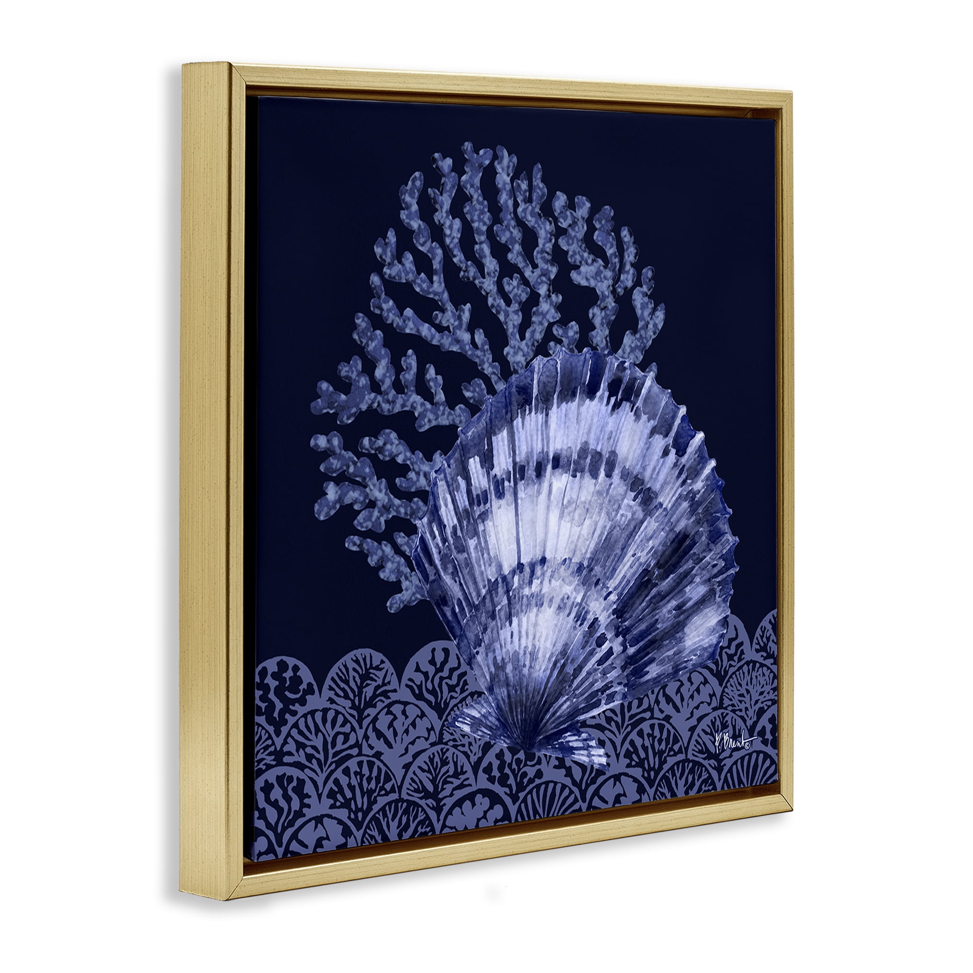 Stupell Industries Shadowed Clam Still Life Nautical & Beach Painting Gold Floater Framed Canvas Art Print Wall Art, 18 x 18