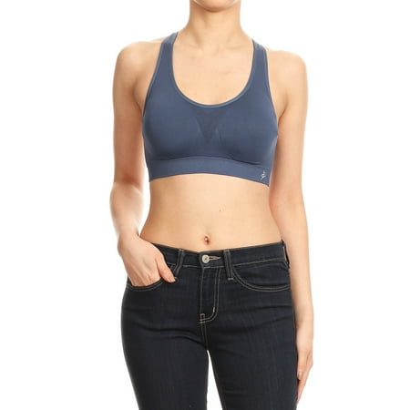 

Women s Solid Color Double Layer with Scoop Neck and Racerback Sports Bra- Denim S/M