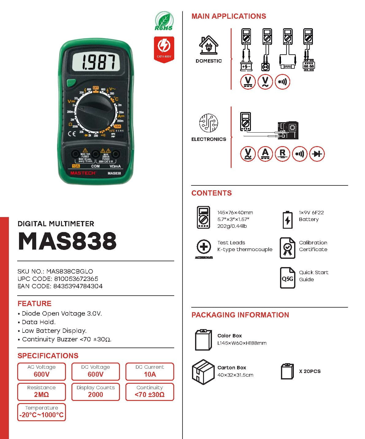 MASTECH MAS838 Digital Multimeter Display 2000 counts;Continuity Buzzer Less than 70 ±30ΩLow Battery Display(MAS838)