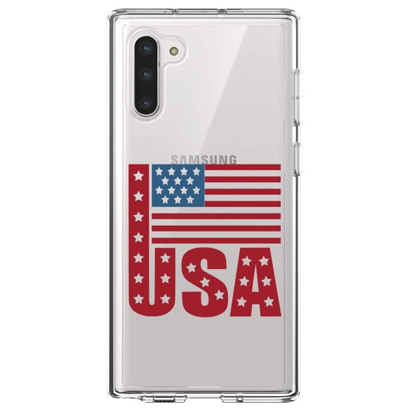 DistinctInk Clear Shockproof Hybrid Case for Samsung Galaxy Note 10 (6.3" Screen) - TPU Bumper Acrylic Back Tempered Glass Screen Protector - USA Flag Banner Red White & Blue