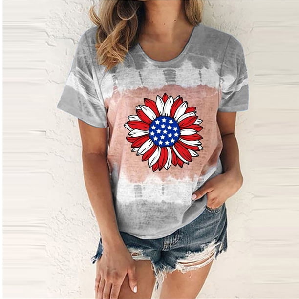 Fiudx Ofertas Flash Artículos En Oferta Camiseta de Manga Corta con Cuello Redondo y Estampado Del Día de La Independencia para Mujer
